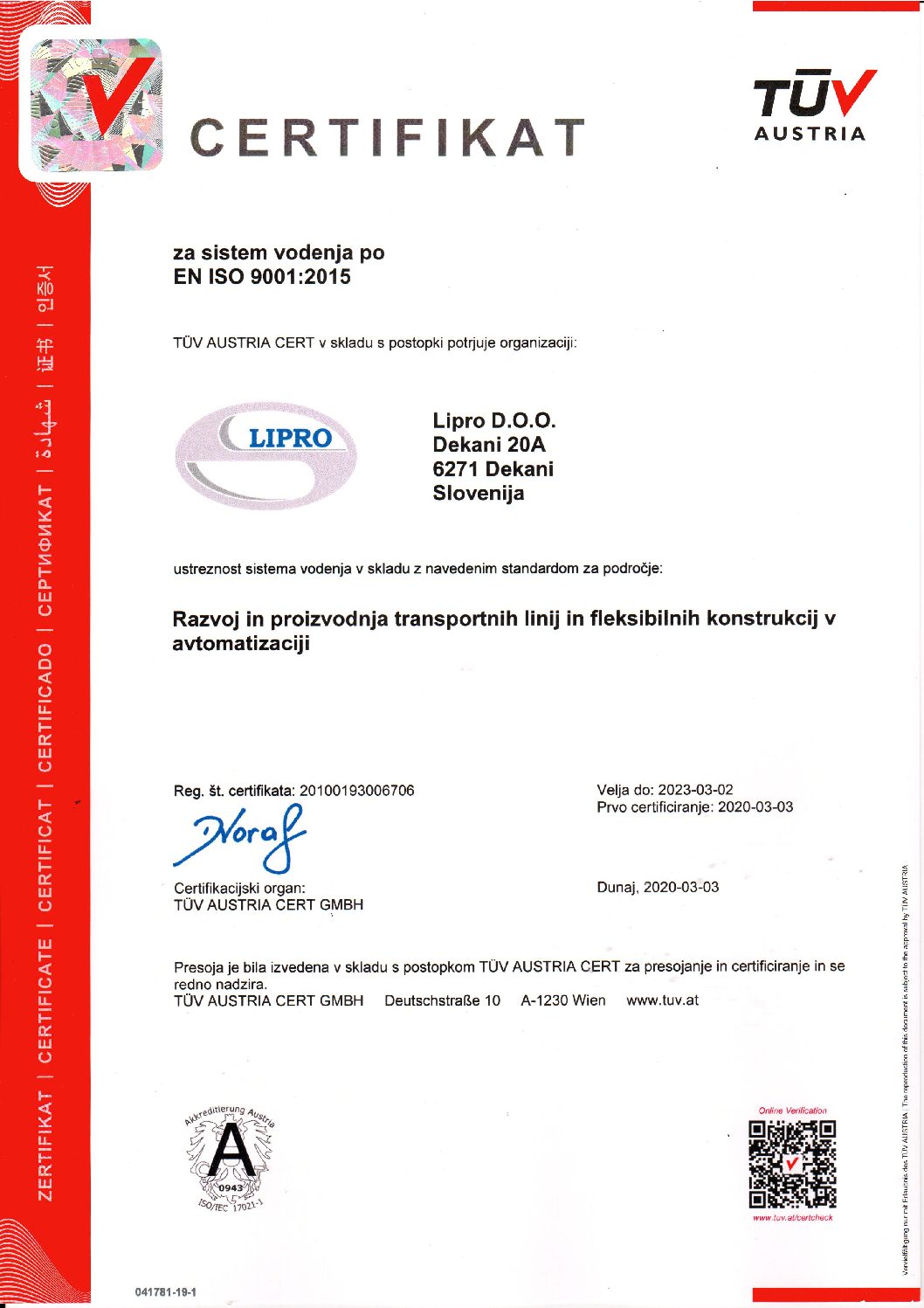 Lipro certifikat ISO 9001 slo pdf